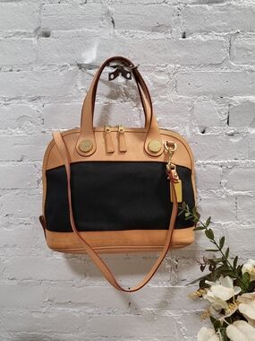 Dooney & Bourke Black Canvas Shoulder Bag with Tan Leather Trim